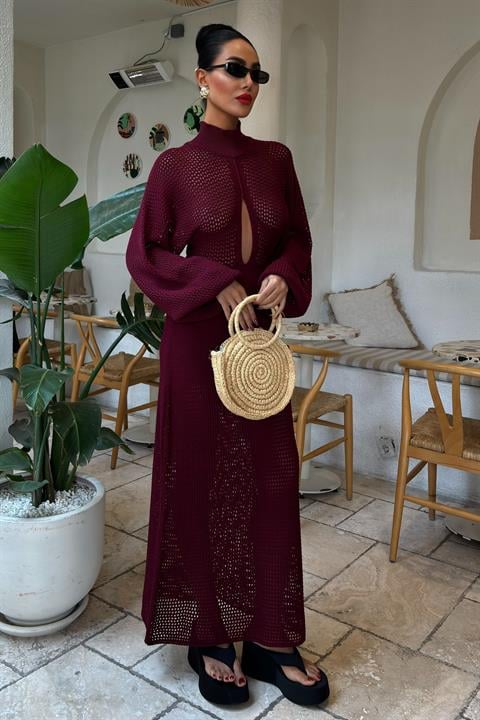 Vestido de Malha Openwork Borgonha