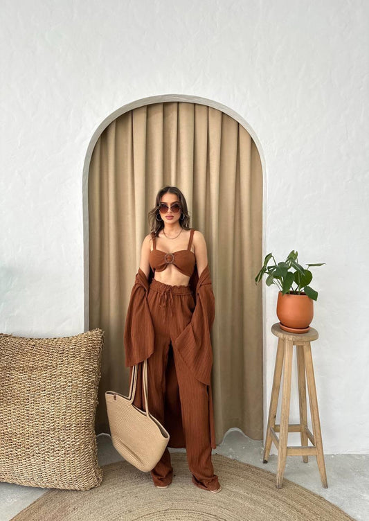 Calças Crinkle Castanho