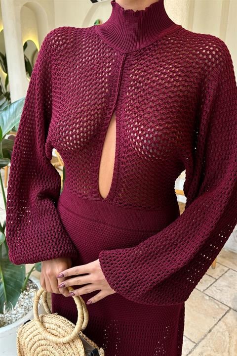 Vestido de Malha Openwork Borgonha
