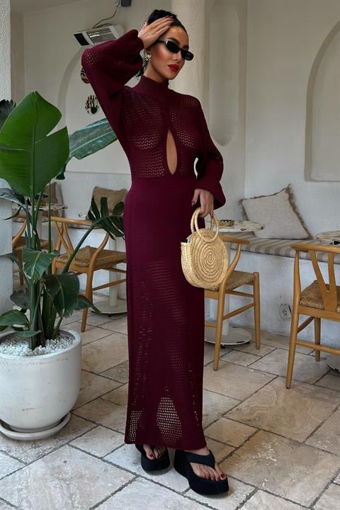 Vestido de Malha Openwork Borgonha