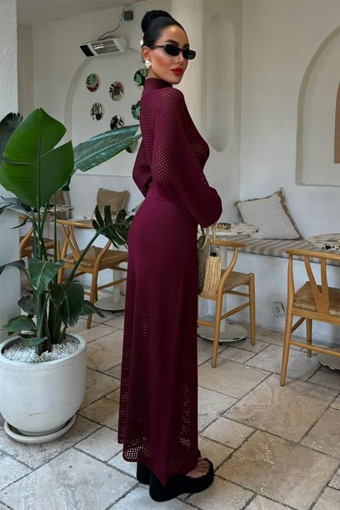 Vestido de Malha Openwork Borgonha