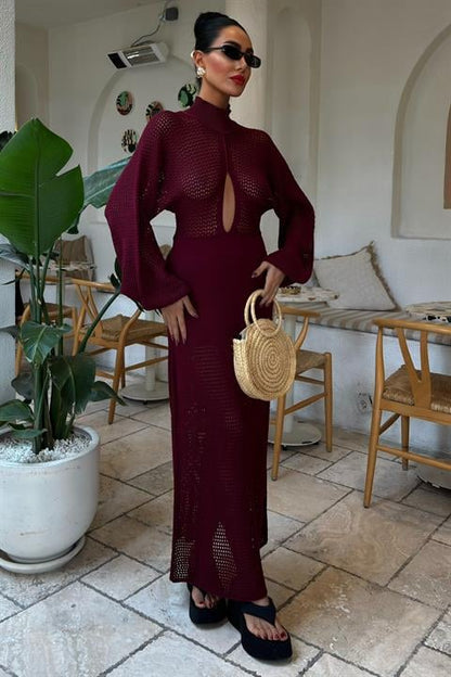 Vestido de Malha Openwork Borgonha