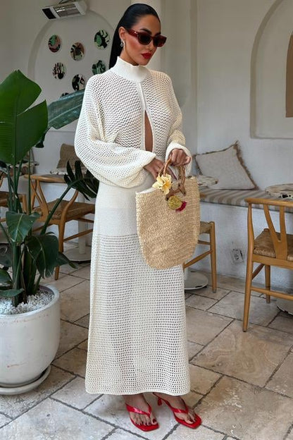 Vestido de Malha Openwork Ecru