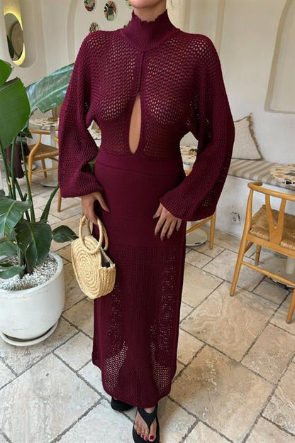 Vestido de Malha Openwork Borgonha