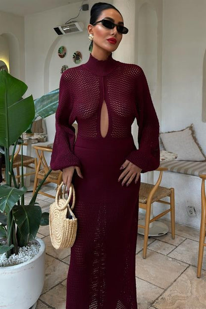 Vestido de Malha Openwork Borgonha