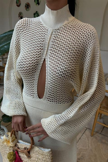 Vestido de Malha Openwork Ecru