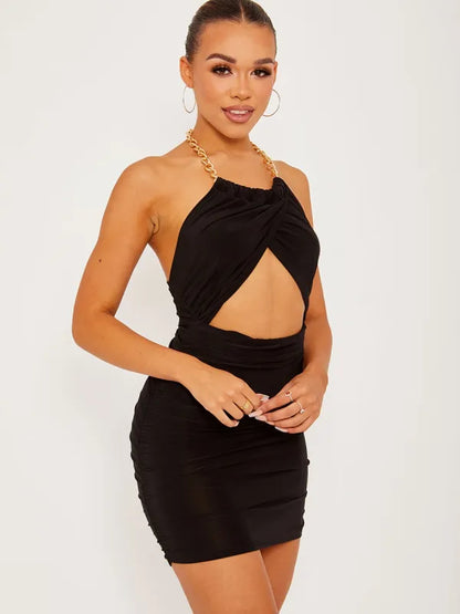 Vestido Chain Halter Cut Out Front Slinky Ruched