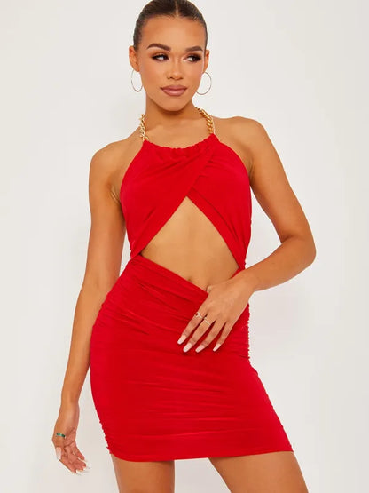 Vestido Chain Halter Cut Out Front Slinky Ruched