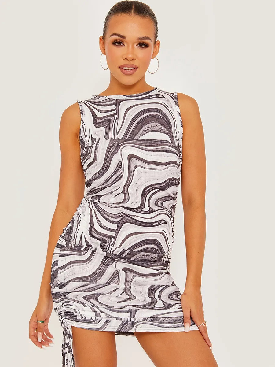 Vestido Marble Print Sleeveless Ribbed Ruched